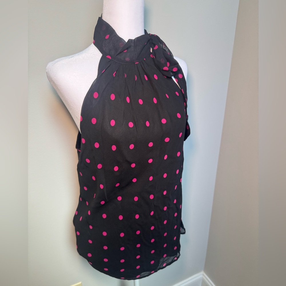 Express Black Halter Top with Magenta Polka Dots & Neck Tie - Size Large